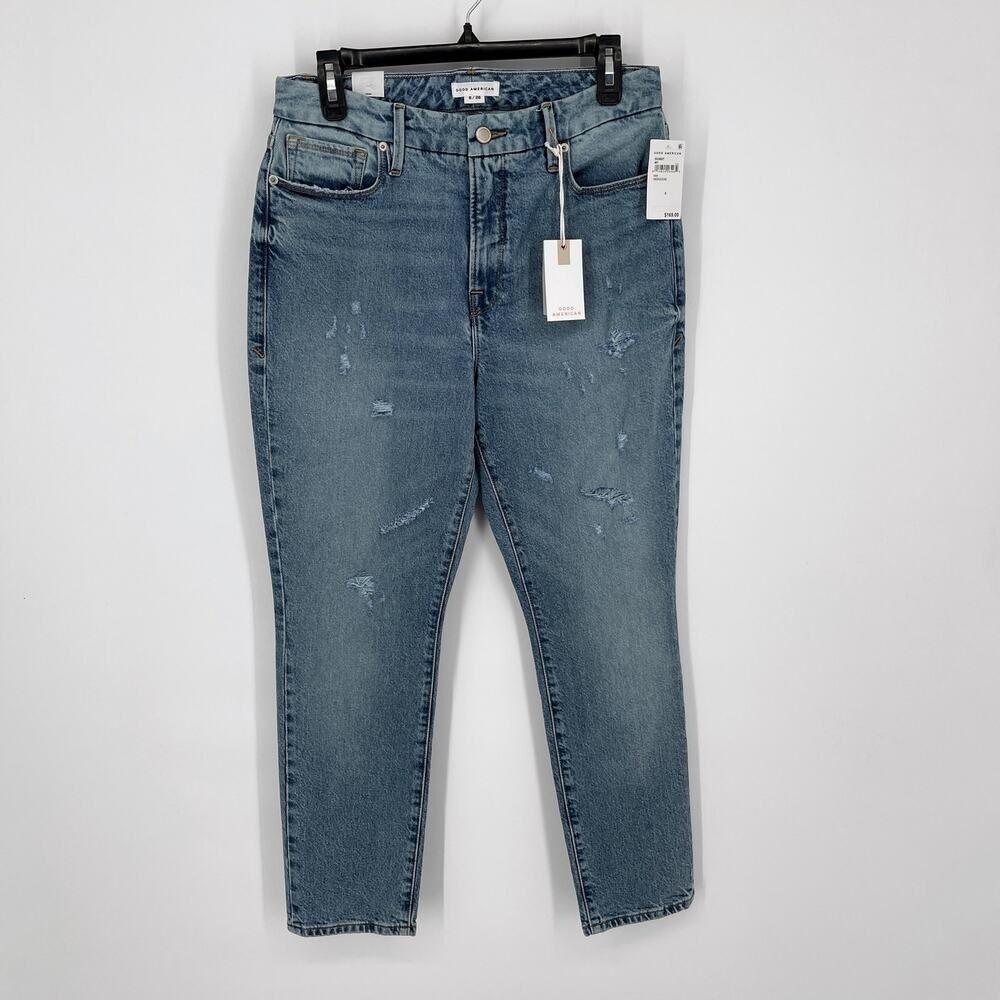 Good American Good Classic Distressed Straight Jeans NEW Sz 6/28 Stretch Blue
